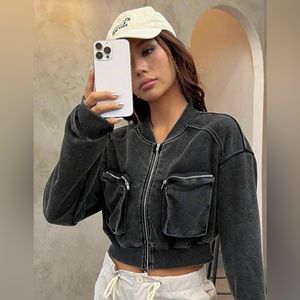 SHEIN | Dark gray Coolane Top-stitching Drop Shoulder Zip Up Crop bomber Size L